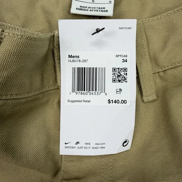 NWT Nike Life Carpenter Parachute Cargo Jeans Pants Men's 34x32 Brown Khaki $140